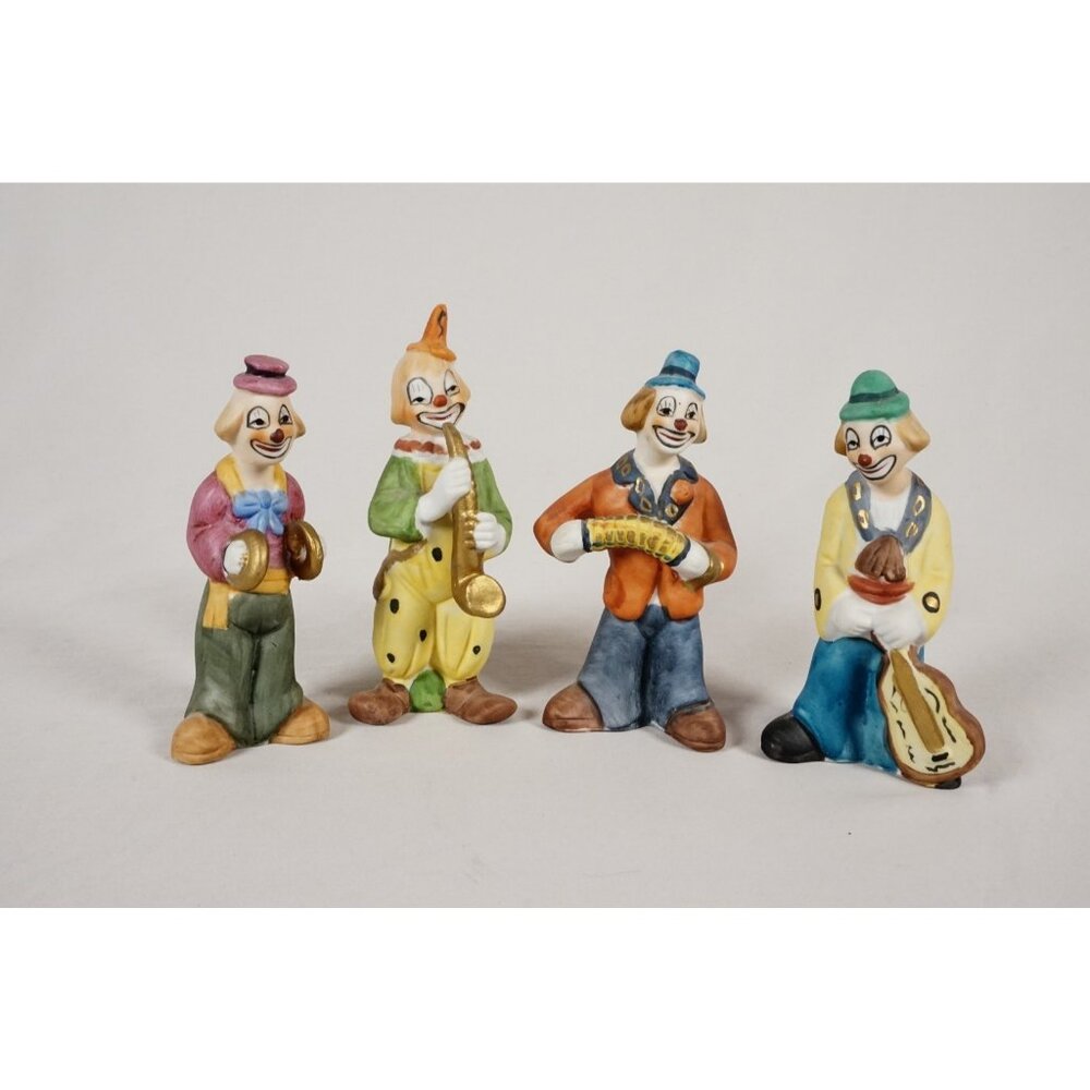 Dan Brechner Bisque Porcelain Clown Lot Playing Instruments Vintage MCM